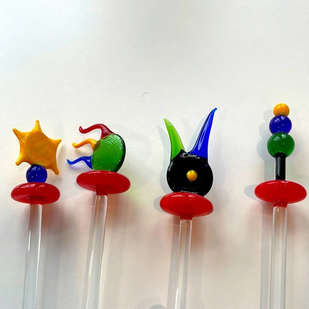 Set of four hand blown glass stir sticks in primary colors. Vintage. EUC.